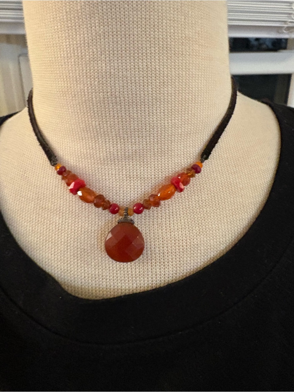 Handmade Carnelian Bead Necklace/Choker with Pendant